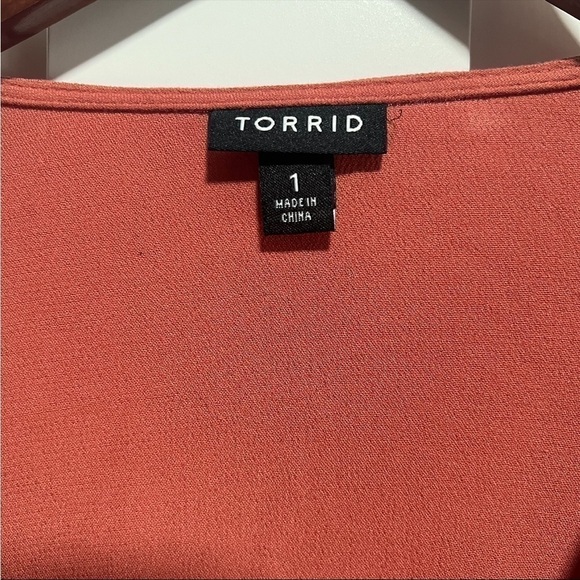 Torrid Babydoll Rayon Crepe Embroidered Lace-Up Top in Redwood - Picture 6 of 6